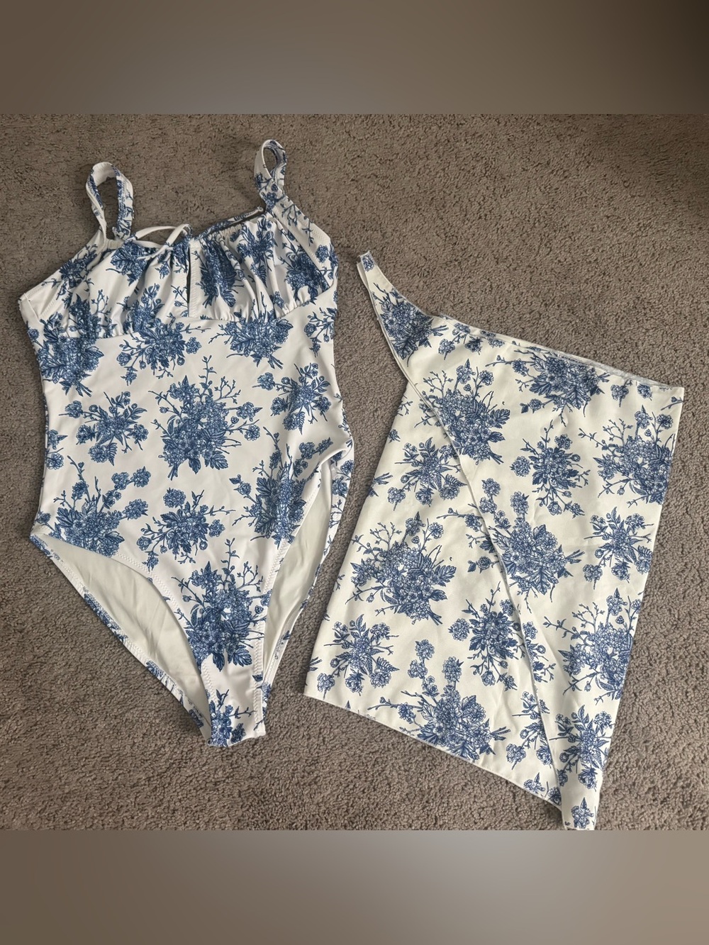 Blue Floral Toile One-Piece Swimsuit with sarong wrap